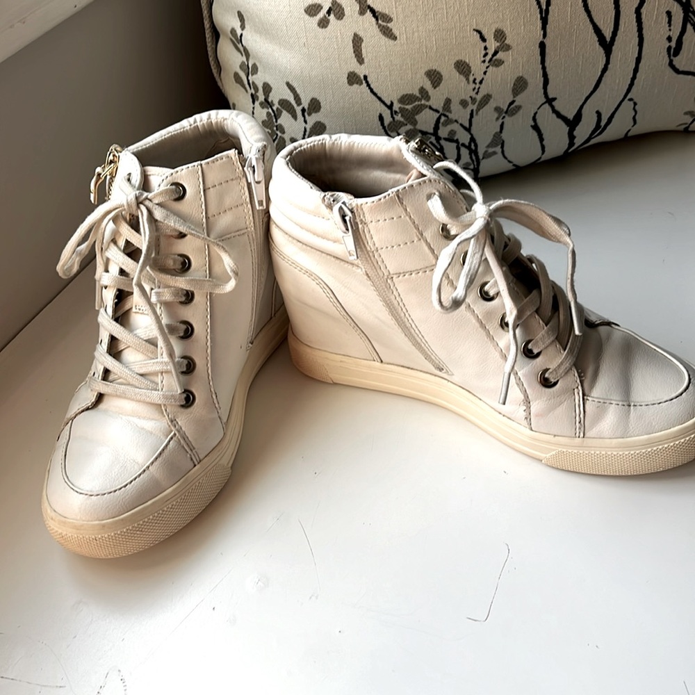 Aldo ivory/cream sneaker wedges tie front and zipper sides
